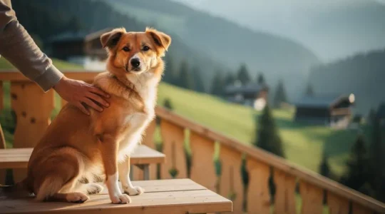 Jeune chien en bonne santé aux côtés de son propriétaire dans un cadre suisse, symbolisant la question de la rentabilité d'une assurance animaux