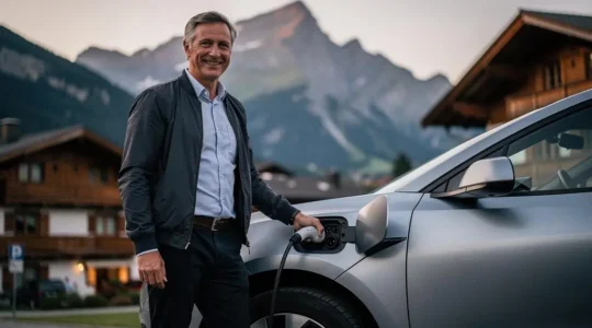 Conducteur suisse branchant sa voiture électrique sur une borne de recharge devant un paysage alpin, symbole des rabais d'assurance écologiques