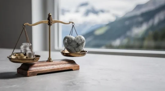 Une balance symbolique en bois mettant en équilibre des pièces de francs suisses et un cœur, illustrant le dilemme entre prime basse et qualité de service client d'une caisse-maladie.