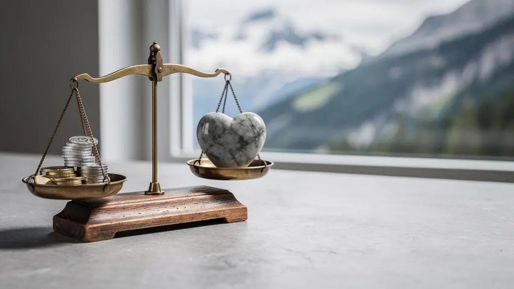 Une balance symbolique en bois mettant en équilibre des pièces de francs suisses et un cœur, illustrant le dilemme entre prime basse et qualité de service client d'une caisse-maladie.