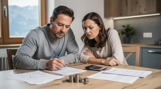 Couple suisse examinant ses factures et son budget santé à la table de la cuisine, reflétant la charge des primes maladie sur le revenu du ménage