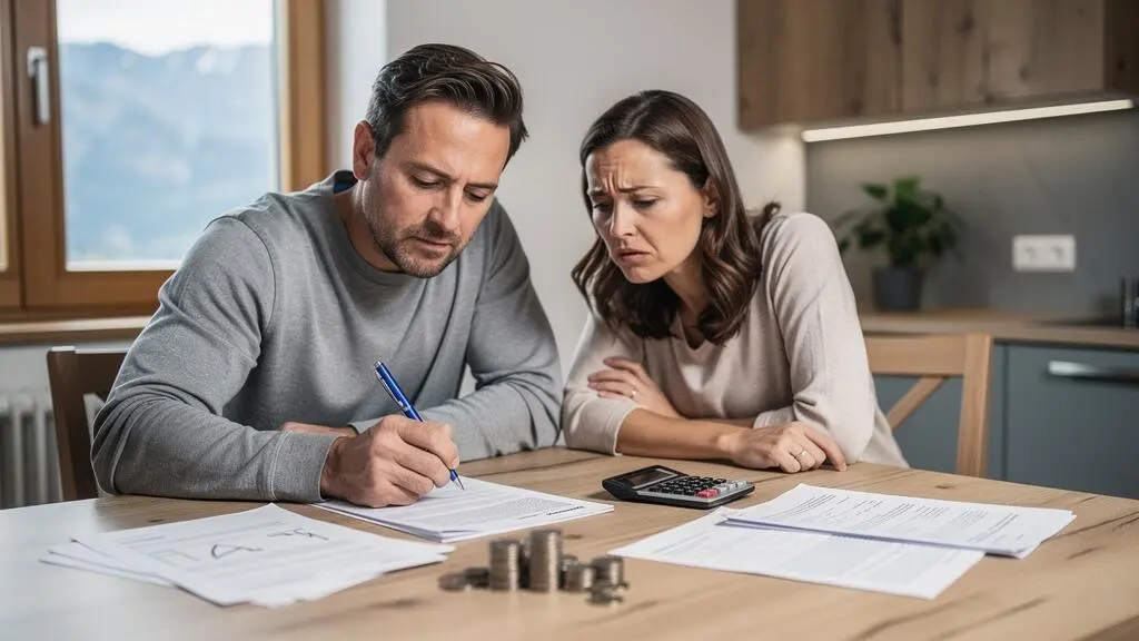 Couple suisse examinant ses factures et son budget santé à la table de la cuisine, reflétant la charge des primes maladie sur le revenu du ménage