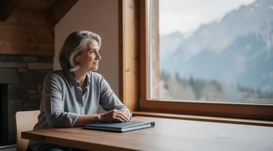 Personne de 45 ans en Suisse consultant sereinement ses documents d'assurance complémentaire santé dans un intérieur lumineux