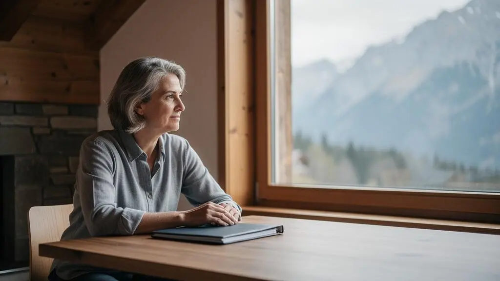Personne de 45 ans en Suisse consultant sereinement ses documents d'assurance complémentaire santé dans un intérieur lumineux
