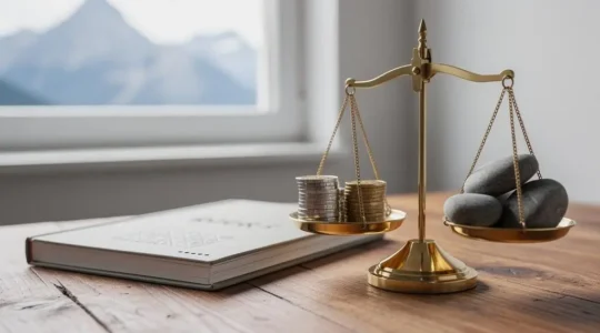 Illustration symbolique d'une balance financière représentant l'équilibre entre cotisations et frais de gestion du 2ème pilier suisse