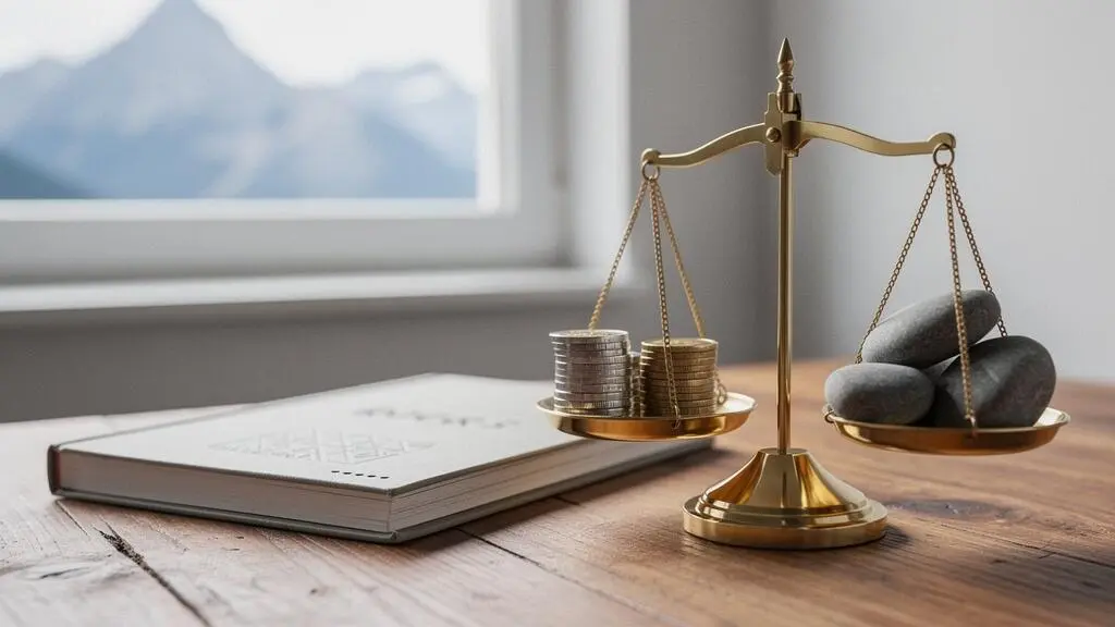 Illustration symbolique d'une balance financière représentant l'équilibre entre cotisations et frais de gestion du 2ème pilier suisse
