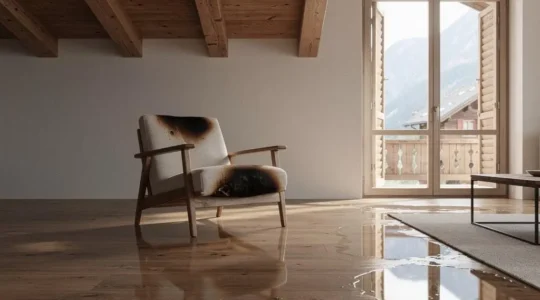 Salon suisse partiellement inondé avec mobilier endommagé, illustrant la question de la valeur réelle des biens assurés
