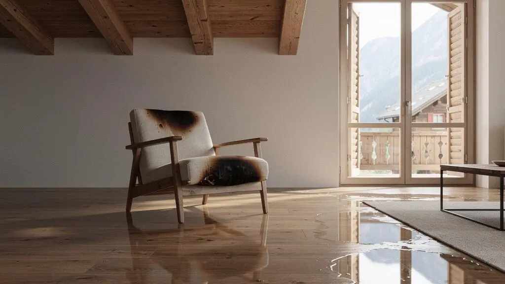 Salon suisse partiellement inondé avec mobilier endommagé, illustrant la question de la valeur réelle des biens assurés