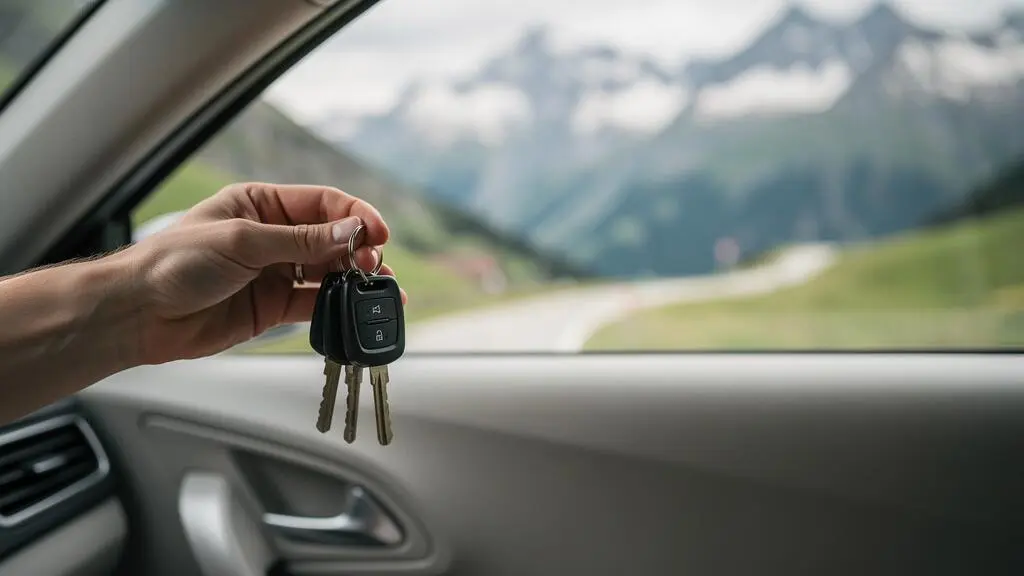 Illustration symbolique d'une main tenant les clés d'une voiture suisse avec en arrière-plan un paysage alpin suggérant l'équilibre entre protection et économies