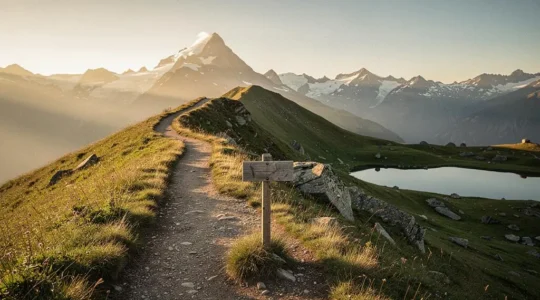Chemin de montagne suisse se divisant en deux, symbolisant le choix entre investir son 3e pilier en actions ou le laisser en cash