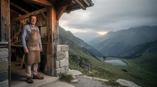 Professionnel suisse debout à l'entrée de son atelier, contemplant un vaste paysage alpin, symbolisant le poids d'une responsabilité financière majeure