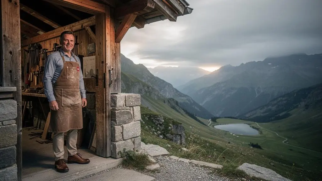 Professionnel suisse debout à l'entrée de son atelier, contemplant un vaste paysage alpin, symbolisant le poids d'une responsabilité financière majeure