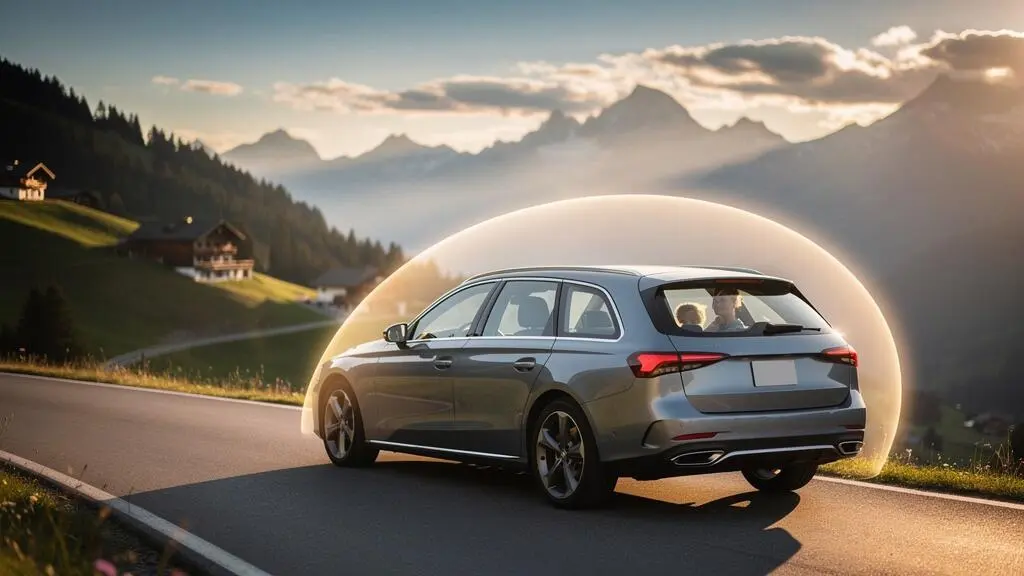 Famille suisse voyageant en voiture dans un paysage alpin, symbolisant la protection et la sécurité des passagers