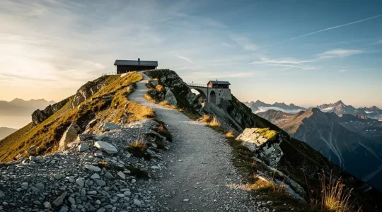Sentier de montagne suisse se divisant en deux chemins symbolisant le choix entre une franchise basse et une franchise haute d'assurance maladie