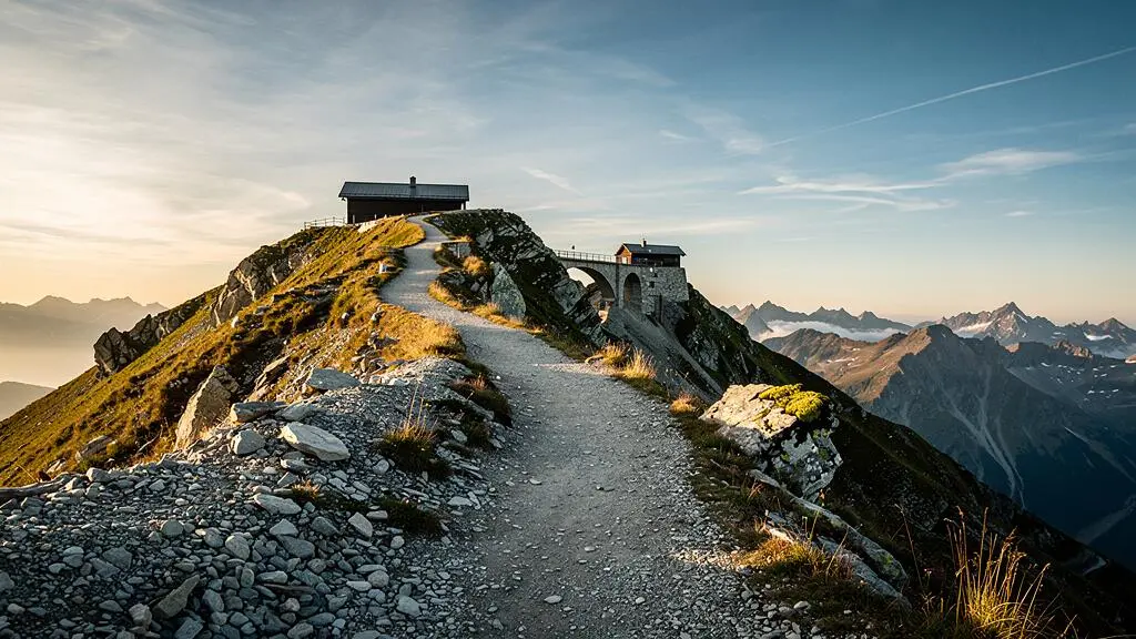 Sentier de montagne suisse se divisant en deux chemins symbolisant le choix entre une franchise basse et une franchise haute d'assurance maladie