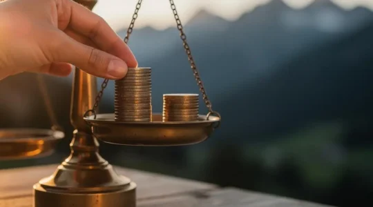 Une balance symbolique met en équilibre deux piles de pièces suisses, illustrant le choix entre une franchise basse et une franchise haute pour l'assurance maladie