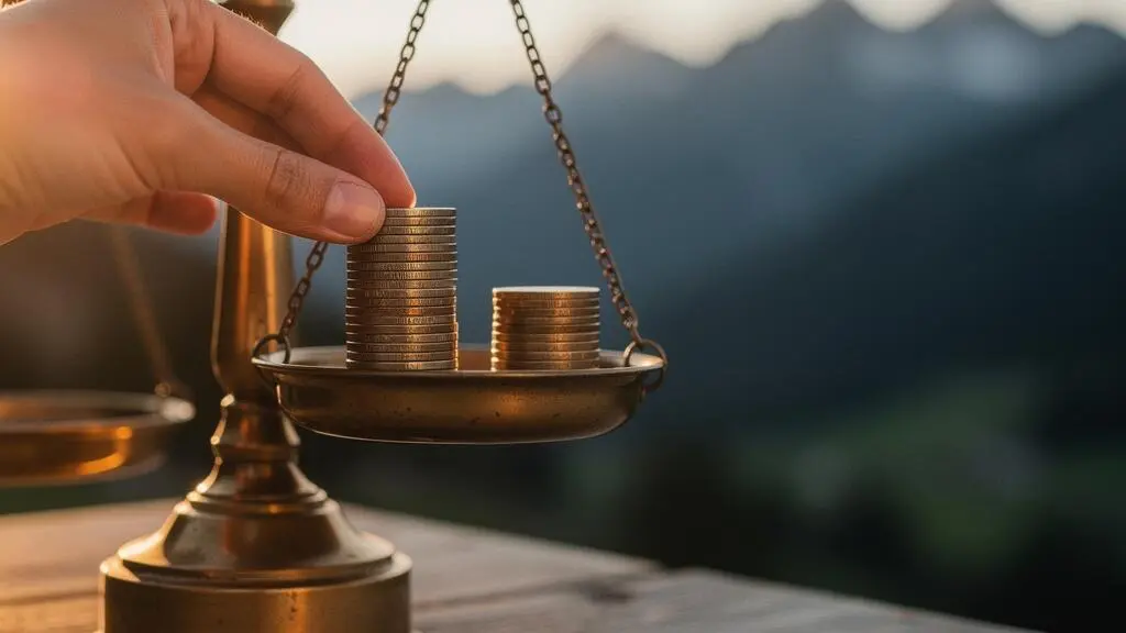 Une balance symbolique met en équilibre deux piles de pièces suisses, illustrant le choix entre une franchise basse et une franchise haute pour l'assurance maladie
