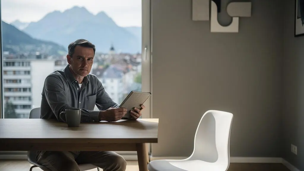 Un indépendant suisse assis seul dans un espace de travail épuré, symbolisant l'incertitude financière face à une maladie longue durée sans assurance perte de gain.