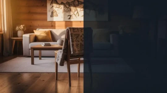 Interieur d'un salon suisse elegant partiellement obscurci par une ombre symbolisant le risque d'incendie et de sous-assurance des biens