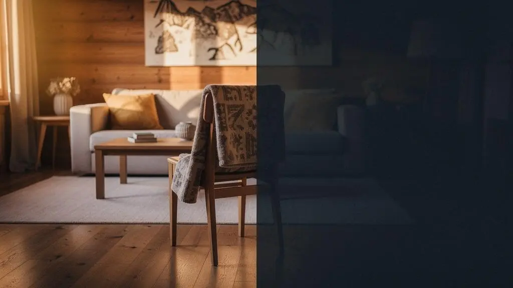 Interieur d'un salon suisse elegant partiellement obscurci par une ombre symbolisant le risque d'incendie et de sous-assurance des biens