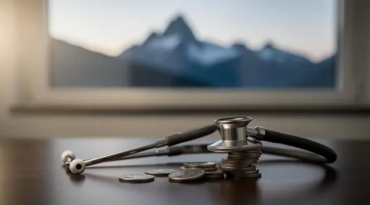 Stethoscope pose sur une pile de pieces de monnaie suisses, avec en arriere-plan flou les sommets alpins visibles a travers une fenetre, symbolisant le reste a charge des patients face a l'assurance de base