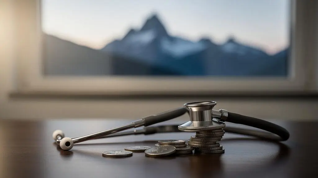 Stethoscope pose sur une pile de pieces de monnaie suisses, avec en arriere-plan flou les sommets alpins visibles a travers une fenetre, symbolisant le reste a charge des patients face a l'assurance de base