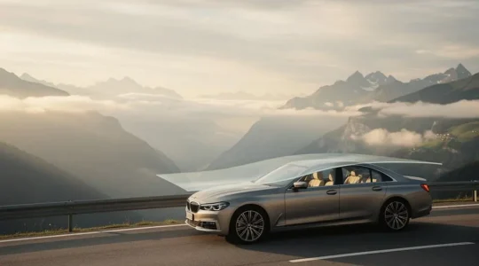 Voiture moderne garée devant un paysage alpin suisse, symbolisant la protection financière du leasing automobile et de la casco intégrale