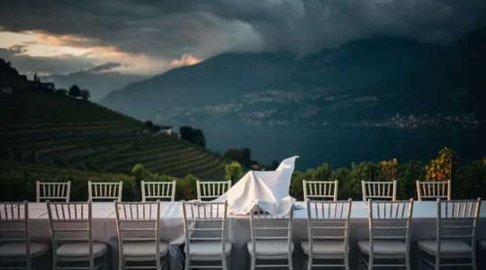 Table de reception de mariage vide sous un ciel d'orage evoquant l'annulation d'un evenement en Suisse