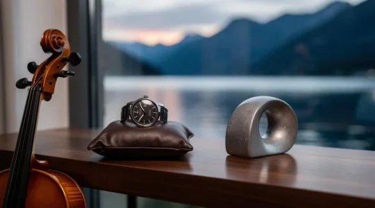 Montre de luxe et violon poses sur un ecrin en cuir dans un interieur suisse epure, symbolisant les biens de valeur non couverts par l'assurance menage standard