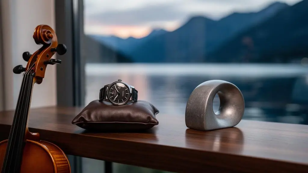 Montre de luxe et violon poses sur un ecrin en cuir dans un interieur suisse epure, symbolisant les biens de valeur non couverts par l'assurance menage standard