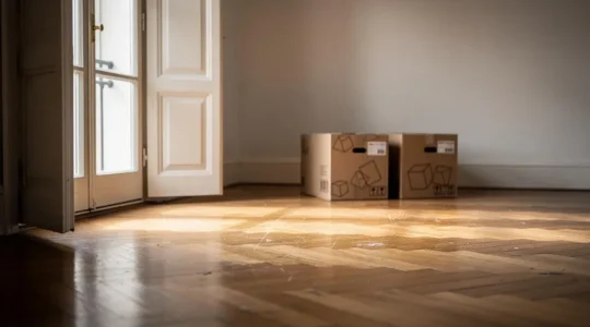Gros plan sur un parquet en bois raye dans un appartement suisse loue, illustrant la question de la responsabilite civile du locataire