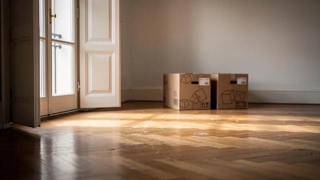 Gros plan sur un parquet en bois raye dans un appartement suisse loue, illustrant la question de la responsabilite civile du locataire