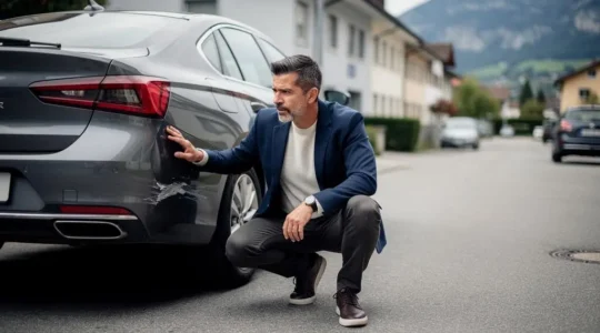 Automobiliste suisse observant pensivement une petite bosse sur le pare-choc de sa voiture apres un accident responsable