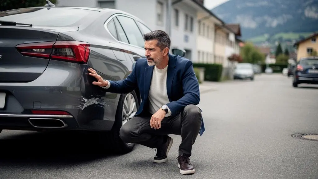 Automobiliste suisse observant pensivement une petite bosse sur le pare-choc de sa voiture apres un accident responsable