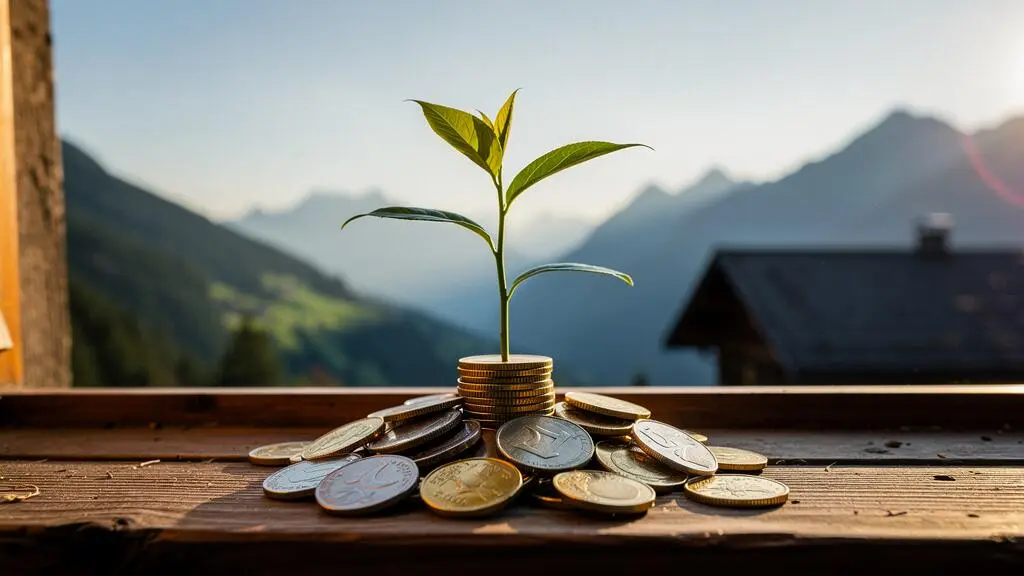 Illustration symbolique de l'épargne du pilier 3a en Suisse représentant la croissance financière face à un paysage alpin