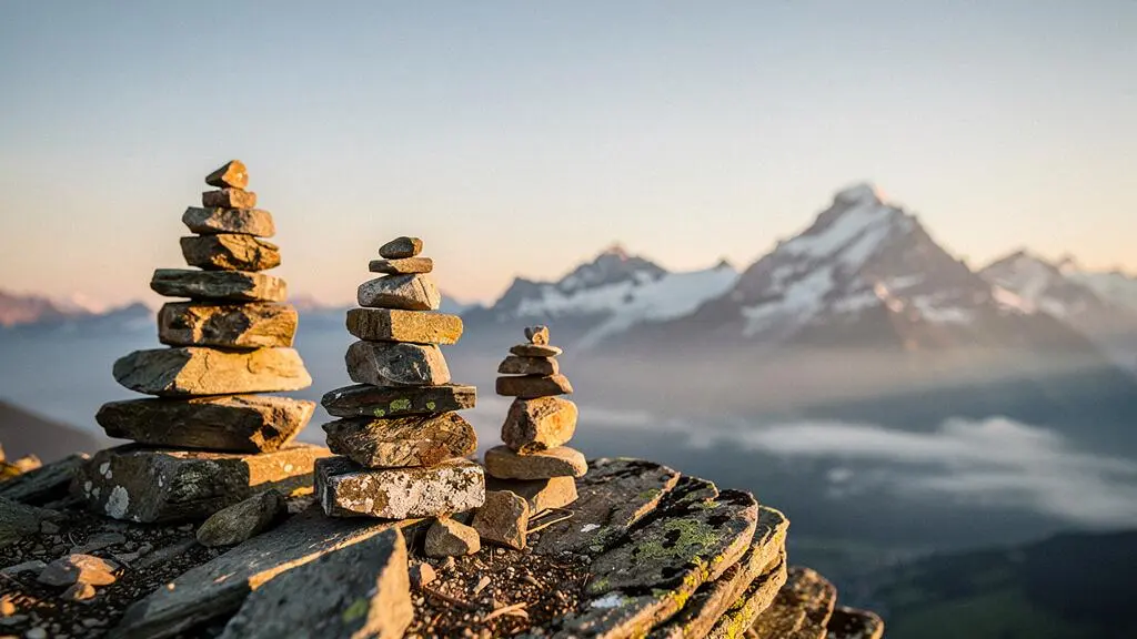 Photographie editoriale de trois piliers de pierre suisses face a un paysage alpin, symbolisant le systeme des 3 piliers de la retraite