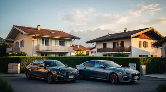 Deux voitures identiques garées devant des maisons suisses similaires, symbolisant l'écart de prime d'assurance auto entre voisins