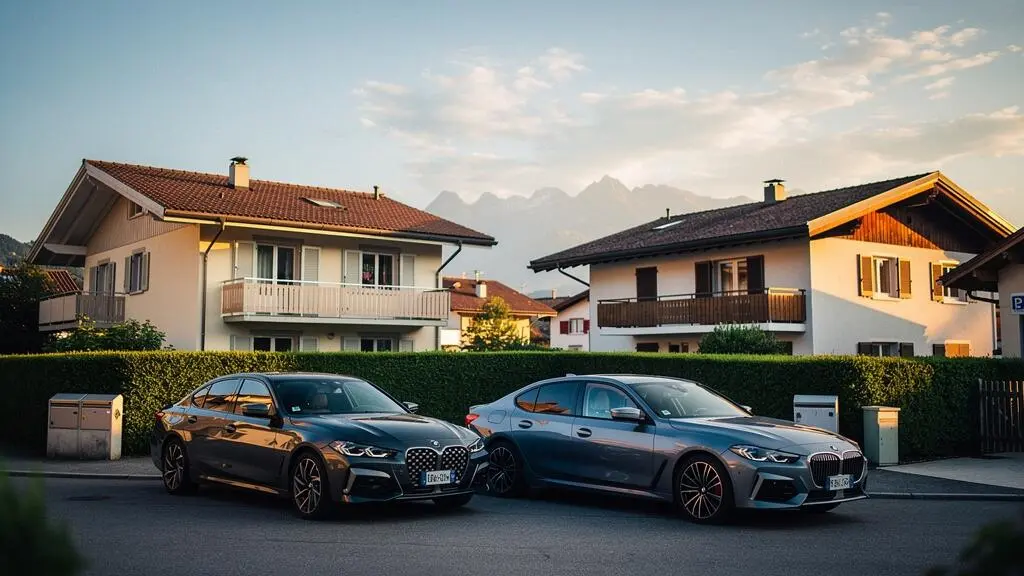 Deux voitures identiques garées devant des maisons suisses similaires, symbolisant l'écart de prime d'assurance auto entre voisins