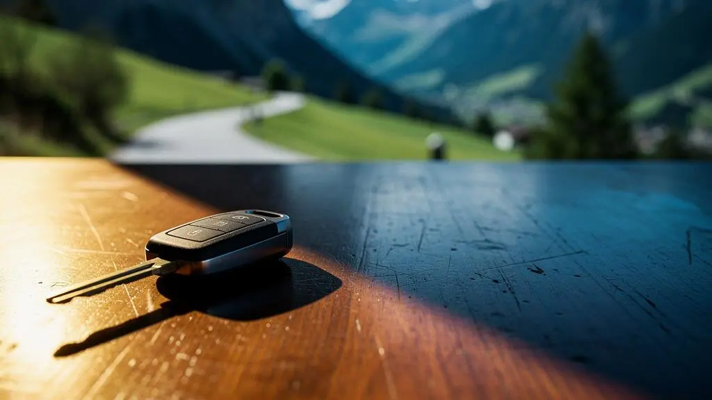 Double image conceptuelle d'une clé de voiture suisse posée entre lumière et ombre, symbolisant le dilemme entre liberté de conduite et sécurité financière