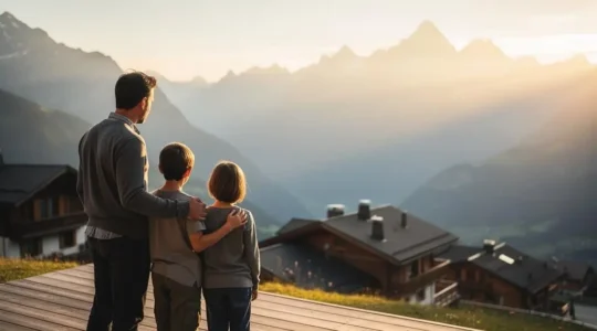 Silhouette d'une famille suisse devant un chalet de montagne, symbolisant la protection financière en cas d'invalidité