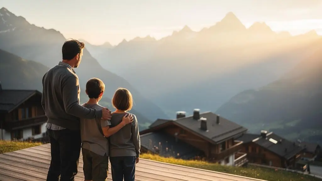 Silhouette d'une famille suisse devant un chalet de montagne, symbolisant la protection financière en cas d'invalidité