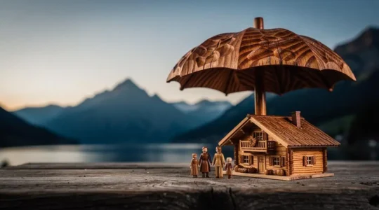 Illustration symbolique d'une famille suisse protégée financièrement face aux aléas de la vie, dans un décor alpin épuré