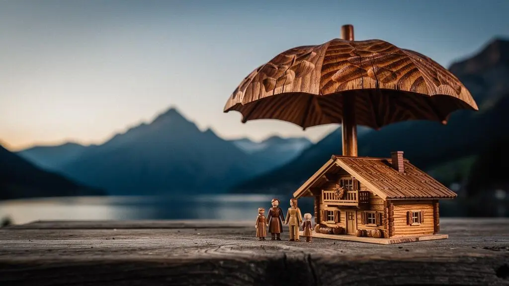 Illustration symbolique d'une famille suisse protégée financièrement face aux aléas de la vie, dans un décor alpin épuré