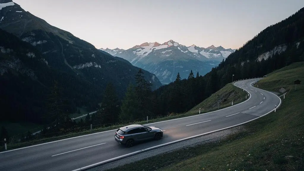 Une route de montagne suisse au crépuscule avec une voiture isolée, symbolisant la protection juridique circulation en complément de l'assurance RC Auto