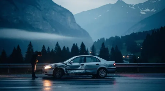 Voiture accidentée sur une route de montagne suisse au crépuscule, illustrant les conséquences graves d'un accident couvert par la responsabilité civile automobile