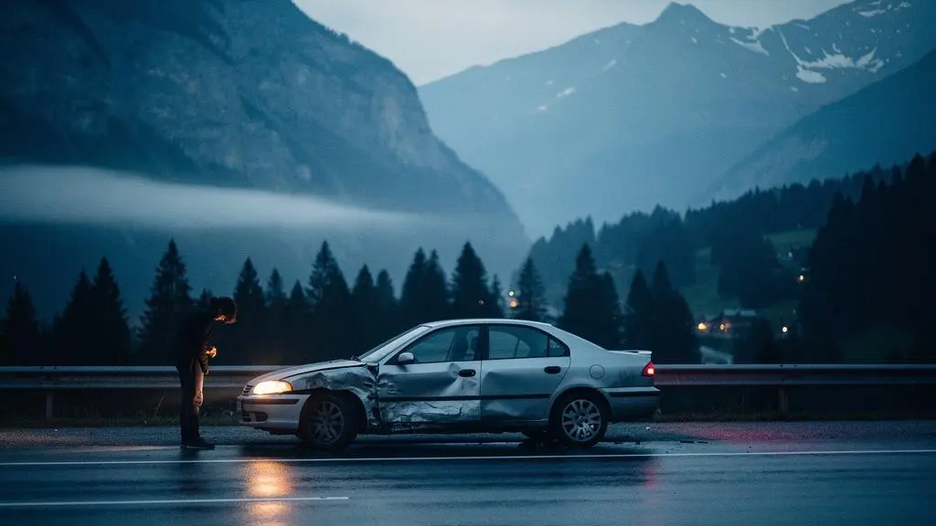 Voiture accidentée sur une route de montagne suisse au crépuscule, illustrant les conséquences graves d'un accident couvert par la responsabilité civile automobile