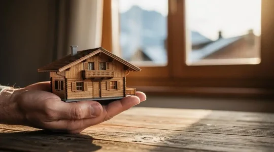 Une main protège symboliquement un petit chalet suisse en bois posé sur une table, illustrant la protection financière apportée par la responsabilité civile privée