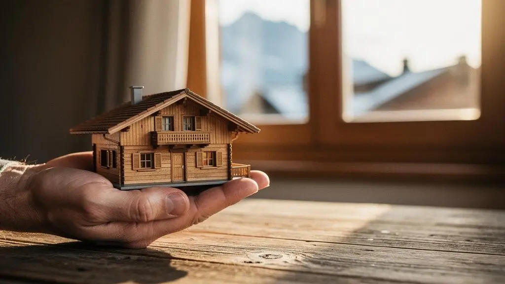 Une main protège symboliquement un petit chalet suisse en bois posé sur une table, illustrant la protection financière apportée par la responsabilité civile privée