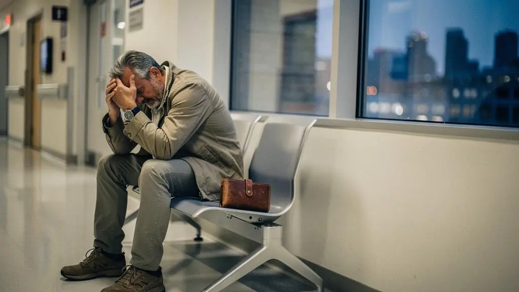 Voyageur suisse inquiet dans un couloir d'hôpital à l'étranger, symbole du risque financier d'une urgence médicale sans assurance adaptée