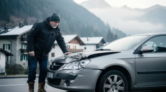 Automobiliste suisse debout face à sa voiture accidentée, réfléchissant aux conséquences financières d'une perte totale
